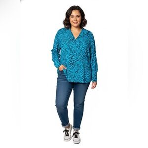 Dana Buchman Silk Leopard Print Blouse Teal Blue Size 18